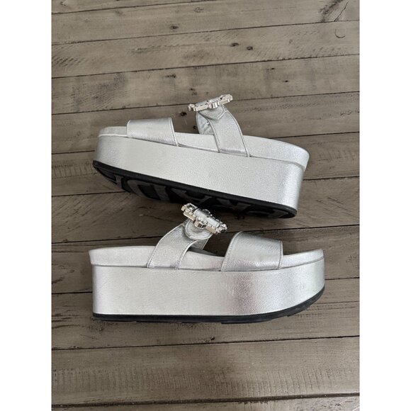 Prada Silver Metallic Leather Platform Crystal Buckle Slide Sandals Size 38 8 - Picture 3 of 10